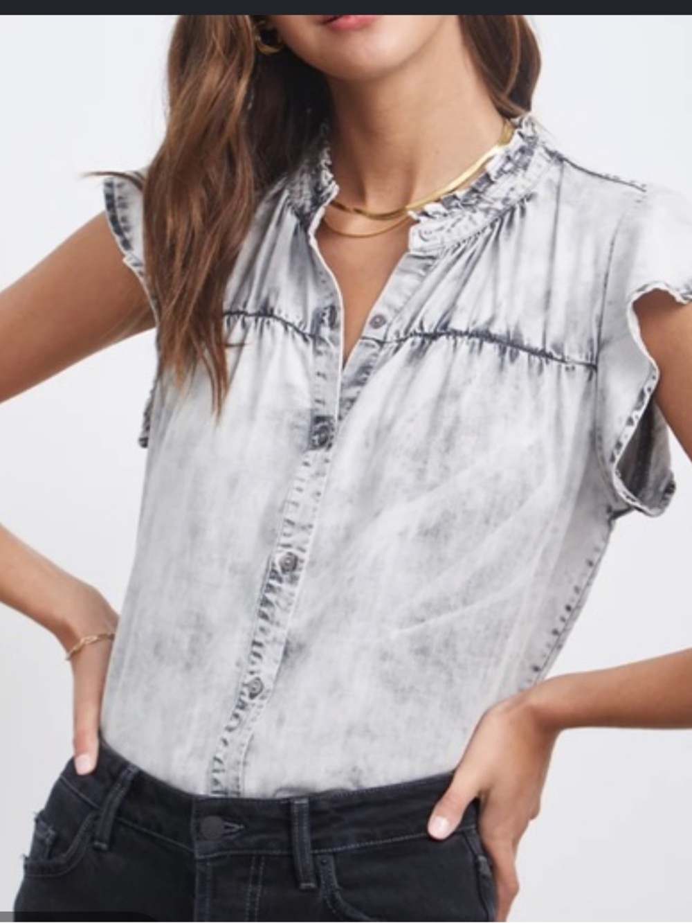 Washed Light Gray Tie-Neck Cap Sleeve Button-Down Top